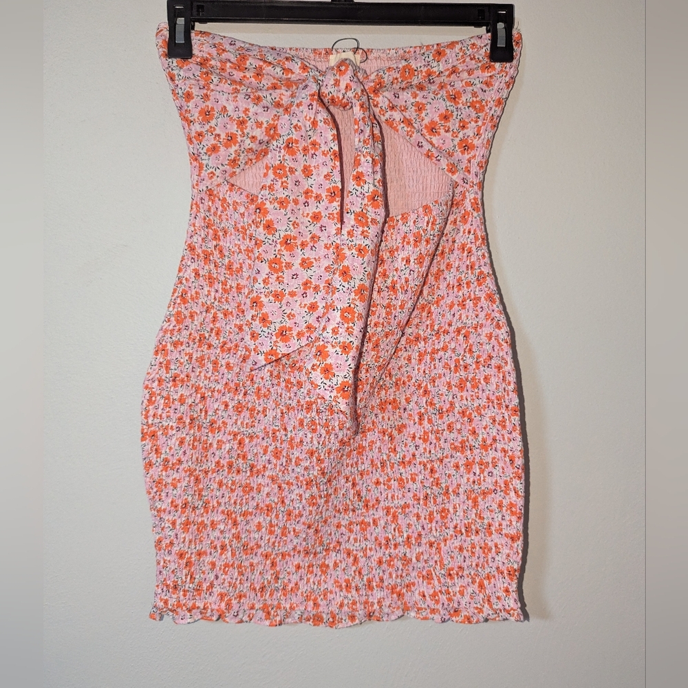 L Lena Strapless Tie Front Smocked Mini Dress